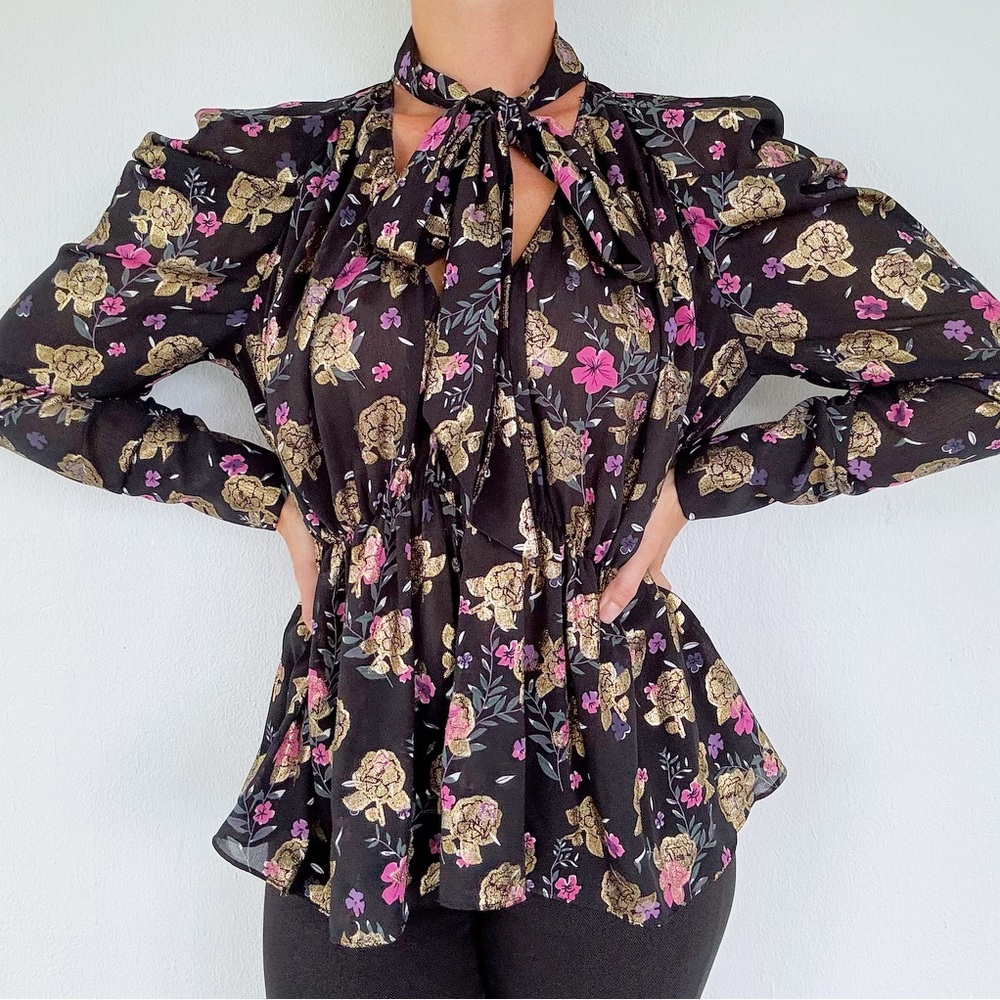 Zara Black Floral Tie-Neck Blouse with Pink & Gold Roses